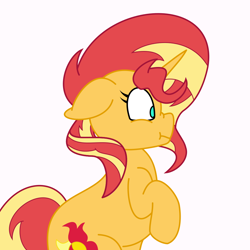 Size: 1000x1000 | Tagged: safe, artist:solardoodles, character:sunset shimmer, species:pony, species:unicorn, confused, female, floppy ears, mare, raised hoof, scrunchy face, simple background, solo