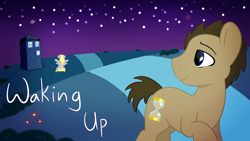 Size: 3840x2160 | Tagged: safe, artist:flaminbunny, character:derpy hooves, character:doctor whooves, character:time turner, species:pony, cover art, doctor who, duo, metajoker, night, night sky, sky, starry night, tardis, the doctor