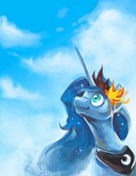 Size: 2550x3300 | Tagged: safe, artist:graypaint, character:princess luna, cloud, cloudy, female, flower, flower in hair, sky, solo