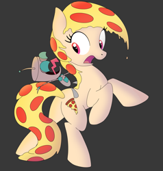 Size: 1905x2000 | Tagged: safe, artist:hydrusbeta, oc, oc:mozzarella orgy, species:pony, butt, crossover, female, food pony, gir, gray background, mare, original species, pizza pony, plot, rearing, simple background, surprised