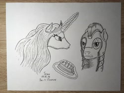 Size: 4032x3024 | Tagged: safe, artist:stink111, character:princess celestia, species:pony, inktober, cake, cakelestia, food, inktober 2019, magic, monochrome, royal guard, sweat, this will not end well, traditional art