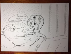 Size: 4032x3024 | Tagged: safe, artist:stink111, character:bulk biceps, character:fluttershy, species:pony, inktober, ship:flutterbulk, bed, female, inktober 2019, male, monochrome, nurse, shipping, straight, traditional art