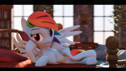 Size: 7600x4274 | Tagged: safe, artist:freasaloz, character:rainbow dash, species:pegasus, species:pony, 3d, absurd resolution, bed, black bars, draw me like one of your french girls, female, lying down, mare, pillow, revamped ponies, solo, source filmmaker, wings