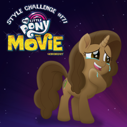 Size: 2000x2000 | Tagged: safe, artist:knadire, oc, oc only, oc:cell shader, species:pony, species:unicorn, my little pony: the movie (2017), artist, brown eyes, brown mane, crying, curly hair, curly mane, female, film reel, gradient, gradient background, happy, laughing, mare, movie accurate, paintbrush, shading, simple background, solo, style challenge