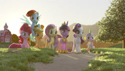 Size: 3840x2160 | Tagged: safe, artist:dashyoshi, character:applejack, character:fluttershy, character:pinkie pie, character:rainbow dash, character:rarity, character:spike, character:twilight sparkle, character:twilight sparkle (alicorn), species:alicorn, species:dragon, species:earth pony, species:pegasus, species:pony, species:unicorn, episode:the last problem, g4, my little pony: friendship is magic, 3d, barn, blender, conclusion, crown, ending, finale, jewelry, leader, mane seven, mane six, monologue, my little pony, present day, princess, regalia