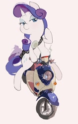 Size: 1285x2048 | Tagged: safe, artist:cottonbudfilly, character:rarity, species:pony, species:unicorn, female, mare, motorcycle, pink background, scooter, simple background, solo, white background