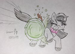 Size: 2114x1536 | Tagged: safe, artist:gmangamer25, character:octavia melody, oc, oc:gamer blitz, species:earth pony, species:pegasus, species:pony, abuse, ball, bow tie, female, fight, male, mare, motion lines, pain, sonic the hedgehog (series), spin dash, stallion, tavibuse, traditional art