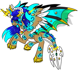 Size: 2657x2404 | Tagged: safe, artist:sapphirus, oc, oc only, species:alicorn, species:chimera, species:dragon, species:pony, cosmic, dragoness, fangs, female, halo, horn, horns, hybrid, hybrid wings, male, mary sue, multiple horns, multiple tails, solo, straight, two tails, wings