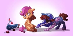 Size: 1267x631 | Tagged: safe, artist:assassin-or-shadow, character:scootaloo, oc, oc:gear grind, species:pegasus, species:pony, amputee, artificial wings, augmented, broken, clothing, eyepatch, foal, hat, mouth hold, overalls, prosthetic leg, prosthetic limb, prosthetic wing, prosthetics, scooter, teary eyes, wings, wiping tears, wrench