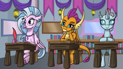 Size: 1920x1080 | Tagged: safe, artist:kenisu-of-dragons, character:ocellus, character:silverstream, character:smolder, species:changeling, species:classical hippogriff, species:dragon, species:hippogriff, species:reformed changeling, bored, classroom, female, quill, school of friendship, sitting, trio