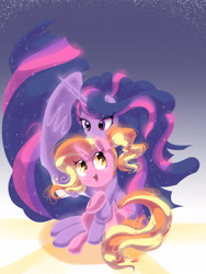 Size: 2400x3200 | Tagged: safe, artist:hananpacha, character:luster dawn, character:twilight sparkle, character:twilight sparkle (alicorn), species:alicorn, species:pony, species:unicorn, episode:the last problem, g4, my little pony: friendship is magic, digital art, duo, ethereal mane, female, galaxy mane, high res, hug, hug from behind, mare, older, older twilight, princess twilight 2.0, sitting