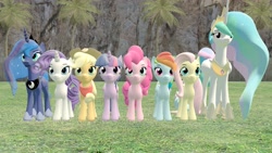 Size: 3840x2160 | Tagged: safe, artist:andrescortez7, character:applejack, character:fluttershy, character:pinkie pie, character:princess celestia, character:princess luna, character:rainbow dash, character:rarity, character:twilight sparkle, species:alicorn, species:earth pony, species:pegasus, species:pony, species:unicorn, 3d, 4k, applejack's hat, clothing, cowboy hat, female, group, group shot, hat, horn, mane six, mare, mlp fim's ninth anniversary, outdoors, revamped ponies, smiling, t pose, wings