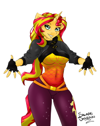 Size: 3508x4401 | Tagged: safe, artist:salamishowdown, character:sunset shimmer, species:anthro, equestria girls:sunset's backstage pass, g4, my little pony: equestria girls, my little pony:equestria girls, spoiler:eqg series (season 2), belly button, clothing, female, fingerless gloves, gloves, looking at you, outstretched arms, solo, tight clothing