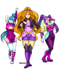 Size: 1024x1236 | Tagged: safe, artist:bunnynha, character:adagio dazzle, character:aria blaze, character:sonata dusk, episode:find the magic, g4, my little pony: equestria girls, my little pony:equestria girls, spoiler:eqg series (season 2), bracelet, breasts, busty aria blaze, busty sonata dusk, clothing, converse, deviantart watermark, jewelry, minidress, obtrusive watermark, polka dots, shoes, shorts, simple background, sneakers, spiked headband, taco dress, the dazzlings, transparent background, watermark, white outline