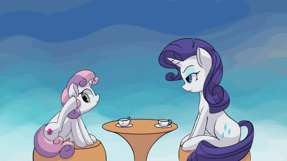 Size: 560x315 | Tagged: safe, artist:hananpacha, character:rarity, character:sweetie belle, species:pony, species:unicorn, animated, behaving like a dog, cup, cute, diasweetes, female, food, frame by frame, gif, horses doing horse things, loop, rarity is not amused, scratching, siblings, sisters, sitting, table, tea, unamused, uncouth