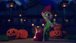 Size: 3840x2160 | Tagged: safe, artist:dashyoshi, character:pinkie pie, species:earth pony, species:pony, 3d, blender, blender cycles, clothing, costume, female, fire, halloween, holiday, mansion, nightmare night costume, pumpkin, solo, yoshi