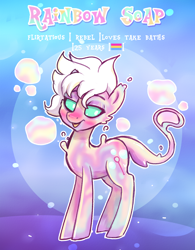 Size: 1308x1680 | Tagged: safe, artist:lilpinkghost, oc, species:earth pony, species:pony, bubble, caption, cartoon, cute, female, girly, green eyes, image macro, original species, pansexual, rainbow, reference sheet, short hair, soap, soap pony, solo, text