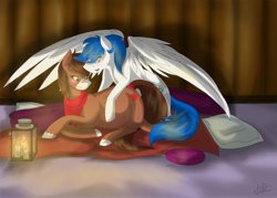 Size: 1394x997 | Tagged: safe, artist:scarletsfeed, oc, oc:autumn harvest, oc:master valor mccloud, species:earth pony, species:pegasus, species:pony, bandana, blanket, blushing, female, hoof on belly, lantern, looking at belly, male, mare, oc x oc, pillow, pregnant, shipping, spread wings, stallion, tail wrap, wings