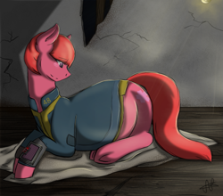 Size: 975x859 | Tagged: safe, artist:scarletsfeed, oc, oc:cherry blossom, species:earth pony, species:pony, fallout equestria, blushing, clothing, female, mare, pipboy, pipbuck, pregnant, vault suit