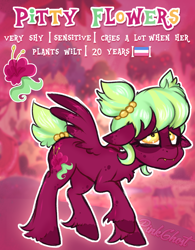 Size: 1308x1680 | Tagged: safe, artist:lilpinkghost, oc, oc only, species:pegasus, species:pony, cute, female, floppy ears, flower, green, green hair, mare, original art, pink, ponytail, red, sad face, shy, solo, unshorn fetlocks