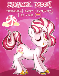 Size: 1308x1680 | Tagged: safe, artist:lilpinkghost, oc, oc:caramel moon, species:earth pony, species:pony, cute, design, female, funny, lesbian, moon, pink, red, solo, white