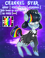 Size: 1308x1680 | Tagged: safe, artist:lilpinkghost, oc, species:earth pony, species:pony, asexual, blind, blue, female, mare, movie, rainbow, reference sheet, solo, stars, television, tsundere