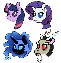 Size: 810x842 | Tagged: safe, artist:dragonademetal, character:discord, character:nightmare moon, character:princess luna, character:rarity, character:twilight sparkle, species:alicorn, species:draconequus, species:pony, species:unicorn, cute, discute, group, head, moonabetes, raribetes, simple background, tiny, tiny ponies, transparent background, twiabetes