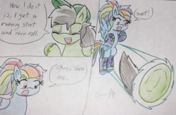 Size: 2356x1536 | Tagged: safe, artist:gmangamer25, character:rainbow dash, oc, oc:gamer blitz, species:pegasus, species:pony, :o, ball, comic, crossover, dialogue, eyes closed, female, flying, male, mare, motion lines, open mouth, rolling, sonic the hedgehog (series), spin dash, stallion, traditional art, unshorn fetlocks