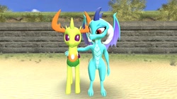 Size: 1280x720 | Tagged: safe, artist:andrescortez7, character:princess ember, character:thorax, species:changeling, species:dragon, species:reformed changeling, 3d, dragoness, embrax, female, gmod, interspecies, male, shipping, straight