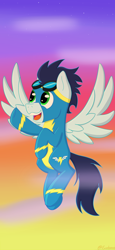Size: 1080x2340 | Tagged: safe, artist:exobass, character:soarin', species:pegasus, species:pony, clothing, flying, male, solo, sunset, uniform, wings, wonderbolts