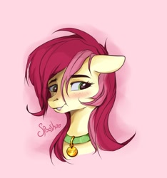 Size: 1500x1600 | Tagged: safe, artist:spoosha, character:roseluck, species:earth pony, species:pony, blushing, bust, collar, commission, cute, female, floppy ears, mare, pet collar, pet tag, pony pet, portrait, rosepet, solo