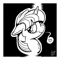 Size: 900x900 | Tagged: safe, artist:squeaky-belle, character:twilight sparkle, species:pony, species:unicorn, black and white, eyelashes, female, grayscale, heart, mare, monochrome, signature, solo