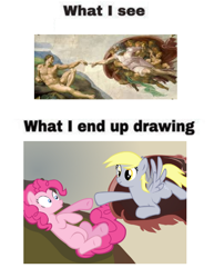 Size: 500x646 | Tagged: safe, artist:michelangelo, artist:pipersack, edit, character:derpy hooves, character:pinkie pie, oc, species:pegasus, species:pony, female, fine art parody, god, mare, meme, parody, sistine chapel, the creation of adam