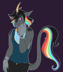 Size: 1987x2254 | Tagged: safe, artist:caff, oc, oc:janky, species:anthro, species:pony, curved horn, horn, leonine tail, male, middle finger, multicolored hair, rainbow hair, stallion, trade, vulgar