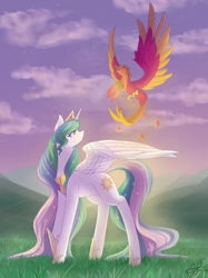 Size: 1086x1450 | Tagged: safe, artist:scarletsfeed, character:philomena, character:princess celestia, species:alicorn, species:bird, species:phoenix, species:pony, cloud, digital art, duo, female, mare, sky, spread wings, wings
