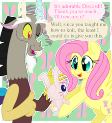 Size: 2100x2300 | Tagged: safe, artist:jagga-chan, character:discord, character:fluttershy, species:pony, species:rabbit, animal, knitting