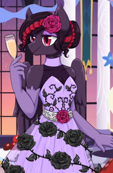 Size: 1700x2600 | Tagged: safe, artist:jagga-chan, oc, species:anthro, species:pegasus, species:pony, black rose, champagne glass, clothing, dress, evening gloves, female, gala dress, gloves, goth, long gloves, mare, solo