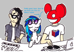 Size: 1320x936 | Tagged: safe, artist:staticwave12, character:dj pon-3, character:vinyl scratch, species:human, species:pony, species:unicorn, clothing, deadmau5, dialogue, dj booth, eyes closed, female, glasses, gray background, macbook, male, mare, mask, shirt, simple background, skrillex, t-shirt