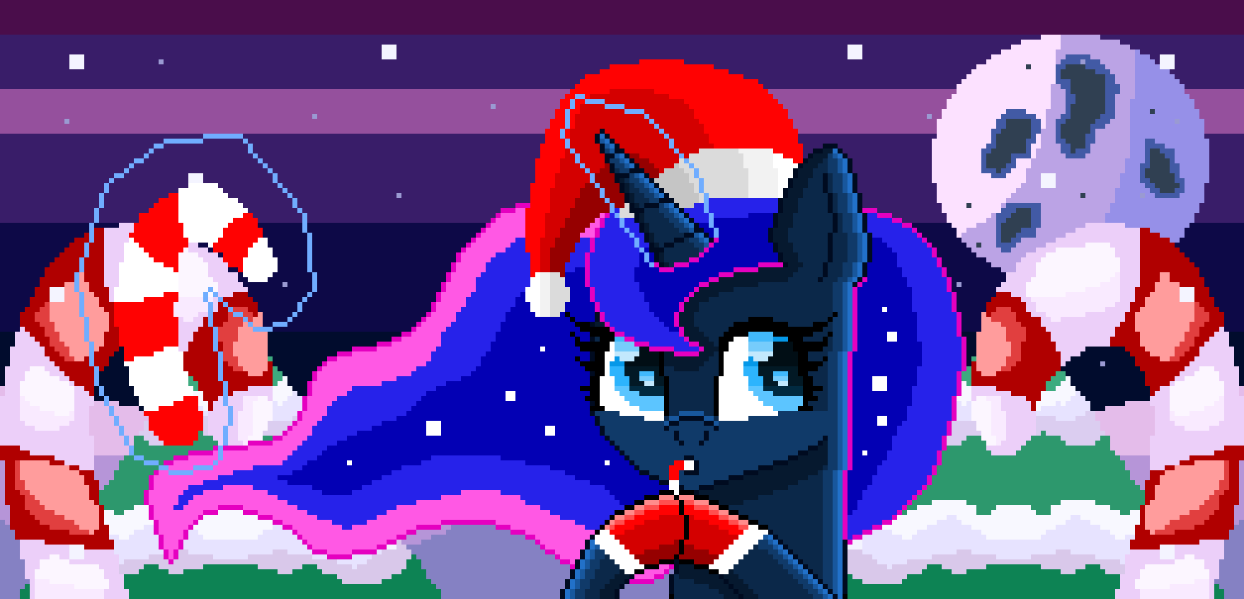 Size: 1757x847 | Tagged: safe, artist:superhypersonic2000, character:princess luna, species:alicorn, species:pony, g4, animated, blinking, candy, candy cane, christmas, clothing, cute, female, food, gif, glowing horn, hat, holiday, horn, lunabetes, magic, magic aura, mare, night, pixel art, santa hat, snow, solo, telekinesis