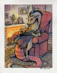 Size: 2223x2837 | Tagged: safe, artist:reptilianbirds, character:discord, book, chair, discord lamp, fireplace, male, reading, sitting, solo, traditional art