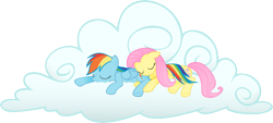 Size: 2651x1200 | Tagged: safe, artist:kurokaji11, character:fluttershy, character:rainbow dash, species:pegasus, species:pony, ship:flutterdash, cloud, female, lesbian, mare, pillow, pony pillow, shipping, simple background, sleeping, smiling, transparent background