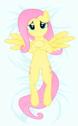 Size: 2488x4000 | Tagged: safe, artist:kurokaji11, character:fluttershy, species:pegasus, species:pony, bed, body pillow, body pillow design, female, looking at you, mare, on back, solo