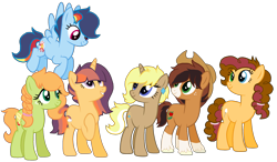 Size: 2336x1368 | Tagged: safe, artist:zafara1222, base used, oc, oc only, oc:apple fritter, oc:bailey sweet, oc:daybreak glimmer, oc:flare blitz, oc:marzipanini, oc:pastiche, parent:applejack, parent:big macintosh, parent:cheese sandwich, parent:flash sentry, parent:fluttershy, parent:pinkie pie, parent:rainbow dash, parent:rarity, parent:soarin', parent:trenderhoof, parent:trouble shoes, parent:twilight sparkle, parents:cheesepie, parents:flashlight, parents:fluttermac, parents:soarindash, parents:trenderity, parents:troublejack, species:earth pony, species:pegasus, species:pony, species:unicorn, blaze (coat marking), clothing, colored wings, colored wingtips, cowboy hat, ear piercing, earring, female, flying, freckles, group shot, hair tie, hat, heterochromia, jewelry, mare, next generation, offspring, piercing, simple background, socks (coat marking), transparent background