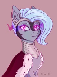 Size: 738x1002 | Tagged: safe, artist:silverst, oc, oc only, oc:silver dust, species:pony, cape, clothing, cosplay, costume, female, halloween, halloween costume, light blue hair, mare, purple eyes, simple background, sombra cosplay, sombra eyes