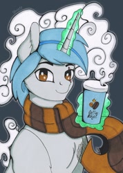 Size: 824x1155 | Tagged: safe, artist:silverst, oc, oc only, species:pony, species:unicorn, brown eyes, clothing, coffee, female, green magic, light blue hair, mare, scarf