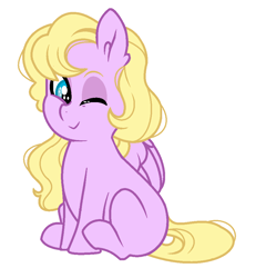 Size: 952x992 | Tagged: safe, artist:rosebuddity, oc, oc:valentine pie, parent:derpy hooves, parent:pinkie pie, parents:derpypie, species:pegasus, species:pony, female, filly, magical lesbian spawn, offspring, one eye closed, simple background, solo, white background, wink