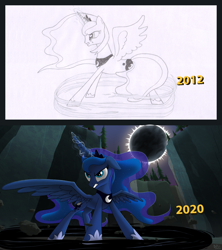 Size: 1920x2166 | Tagged: safe, artist:hydrusbeta, character:princess luna, species:alicorn, species:pony, angry, comparison, eclipse, female, magic, solo