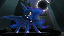 Size: 1920x1080 | Tagged: safe, artist:hydrusbeta, character:princess luna, species:alicorn, species:pony, angry, eclipse, female, magic, solar eclipse, solo