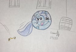 Size: 2250x1537 | Tagged: safe, artist:gmangamer25, character:trixie, species:pony, species:unicorn, ball, barrel, bouncing, cartoon physics, curled up, cute, diatrixes, female, happy, inanimate tf, mare, morph ball, motion lines, open mouth, solo, traditional art, transformation, trixieball, unshorn fetlocks