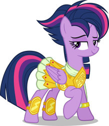 Size: 4250x4875 | Tagged: safe, artist:cencerberon, character:twilight sparkle, character:twilight sparkle (alicorn), species:alicorn, species:pony, absurd resolution, alternate hairstyle, armor, athena sparkle, costume, female, looking at you, mare, punklight sparkle, raised hoof, show accurate, simple background, solo, transparent background, vector